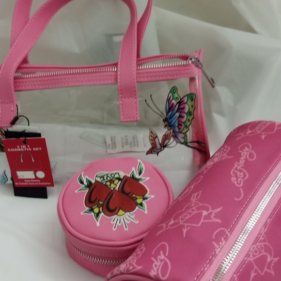 Ed Hardy Skull, Roses & Butterfly Pink See-Thru Barrel Bag w/ 2 Complimentary - Picture 13 of 16